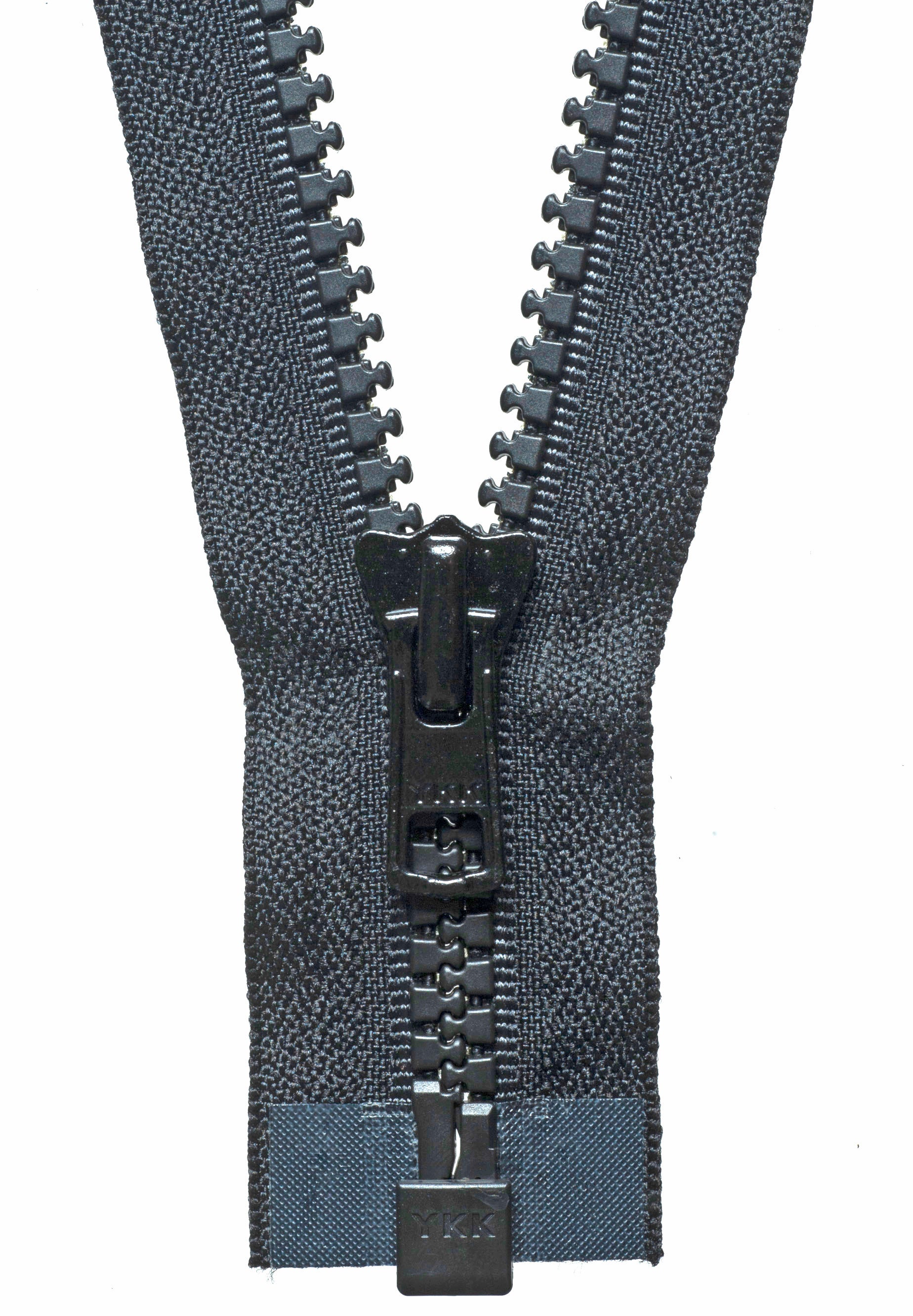 A black YKK Vislon heavyweight open-end chunky plastic zipper with a metal slider.
