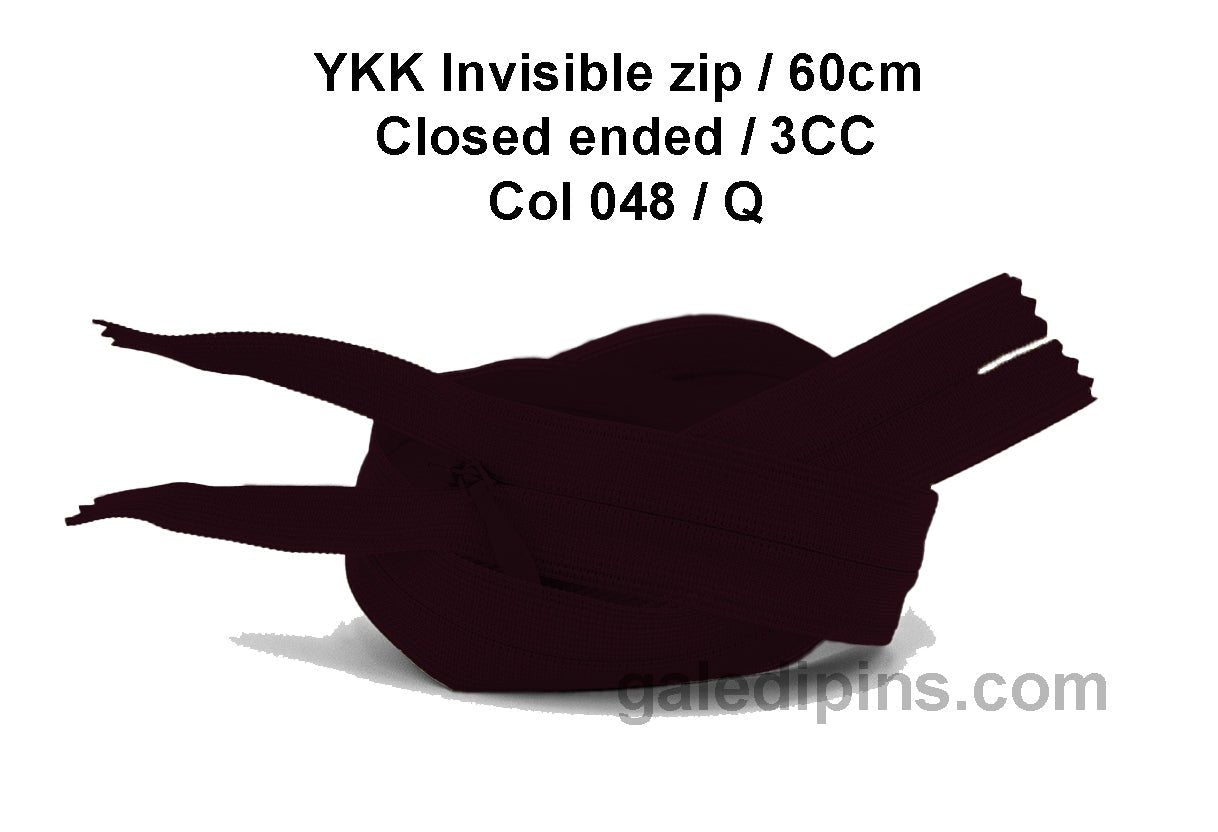 YKK Closed Ended Invisible 60cm Zip, 3cc - SHADE CARD P to T - Galedi Pins