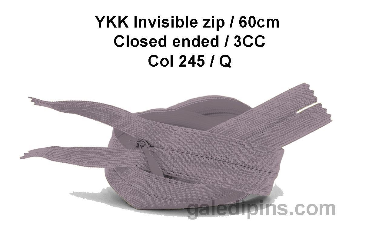YKK Closed Ended Invisible 60cm Zip, 3cc - SHADE CARD P to T - Galedi Pins