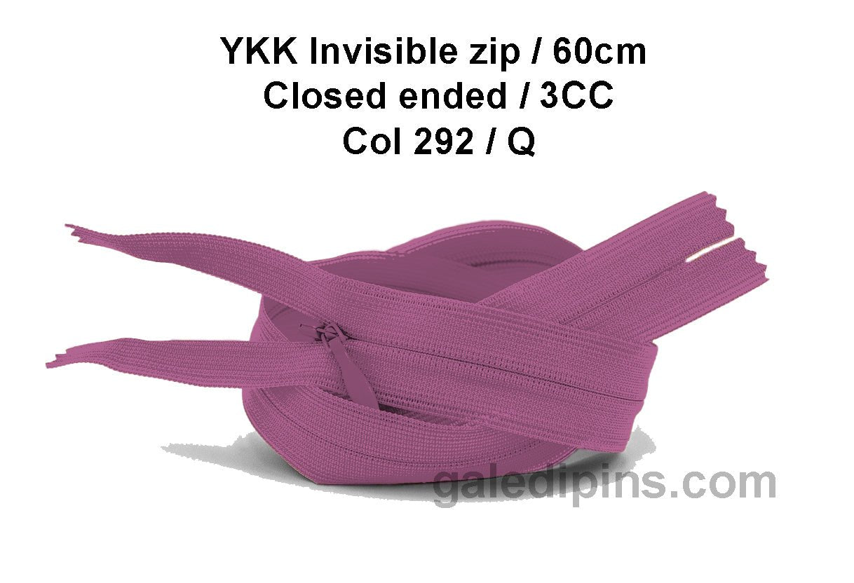YKK Closed Ended Invisible 60cm Zip, 3cc - SHADE CARD P to T - Galedi Pins