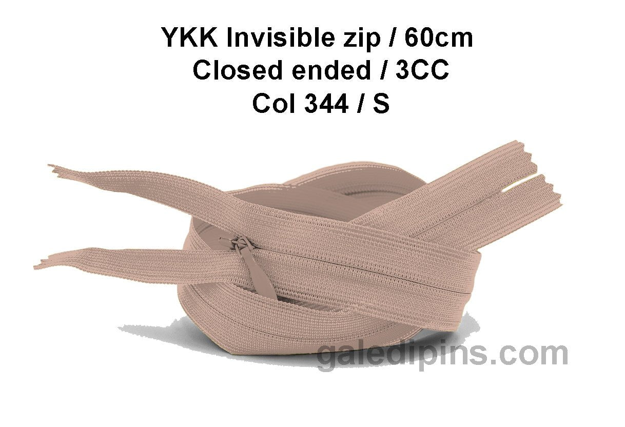 YKK Closed Ended Invisible 60cm Zip, 3cc - SHADE CARD P to T - Galedi Pins