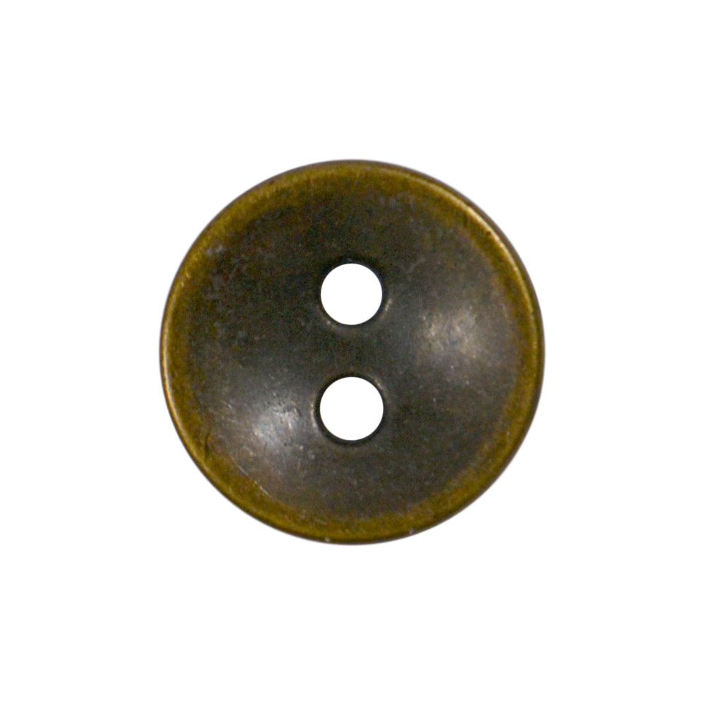 A round, antique brass-colored metal cup button with two center holes for sewing.