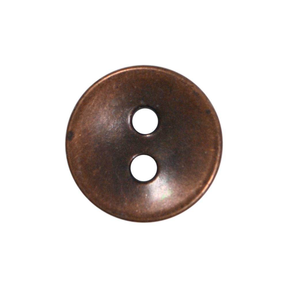 A single round, antique copper-finished metal button with a cup shape and two center holes.
