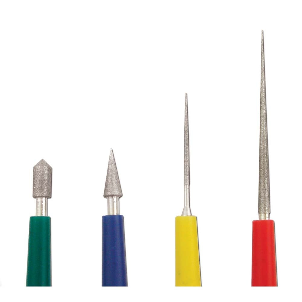 Four diamond-tipped bead reamers with color-coded handles in green, blue, yellow, and red.