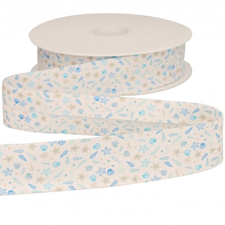 White 25mm cotton bias binding tape with a blue and beige seashell and starfish pattern on a spool.