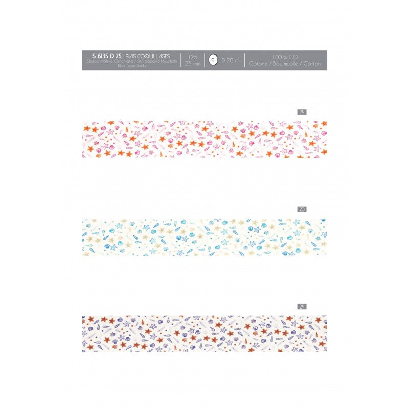 Stephanoise 25mm cotton bias binding tape with shell and starfish patterns in three colorways.
