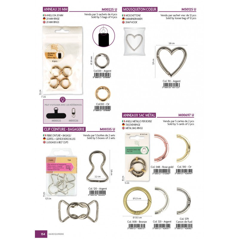 A catalog page displays various metal hardware including rings, heart-shaped hooks, and belt clips.