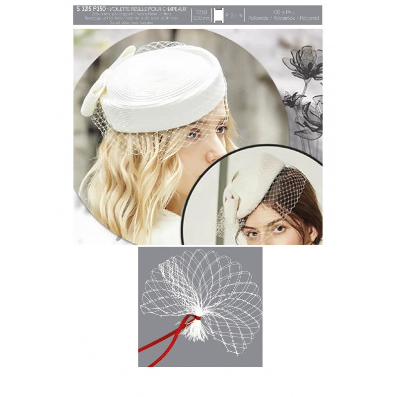 White birdcage veil mesh fabric with red ribbon detail.