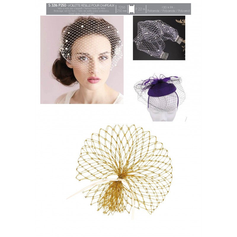 Birdcage veil made of white polyamide netting with pearls.