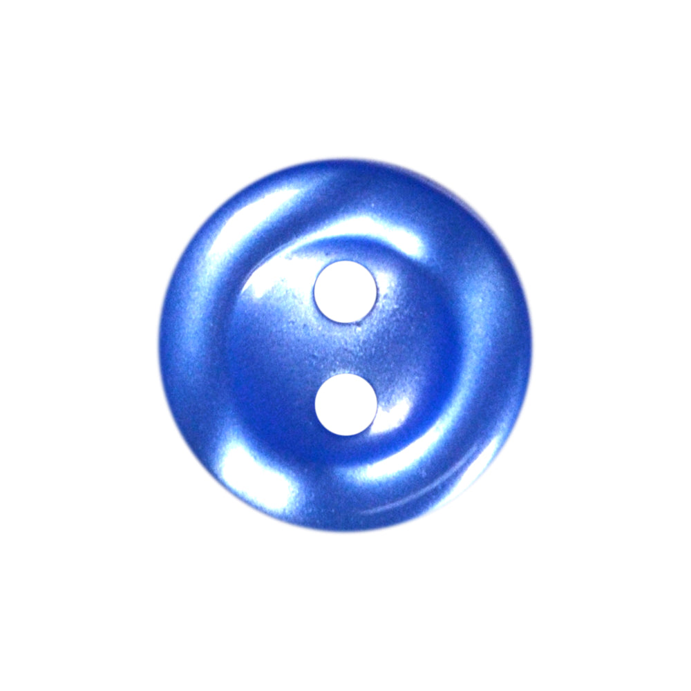 Shiny blue polyester button with two holes.