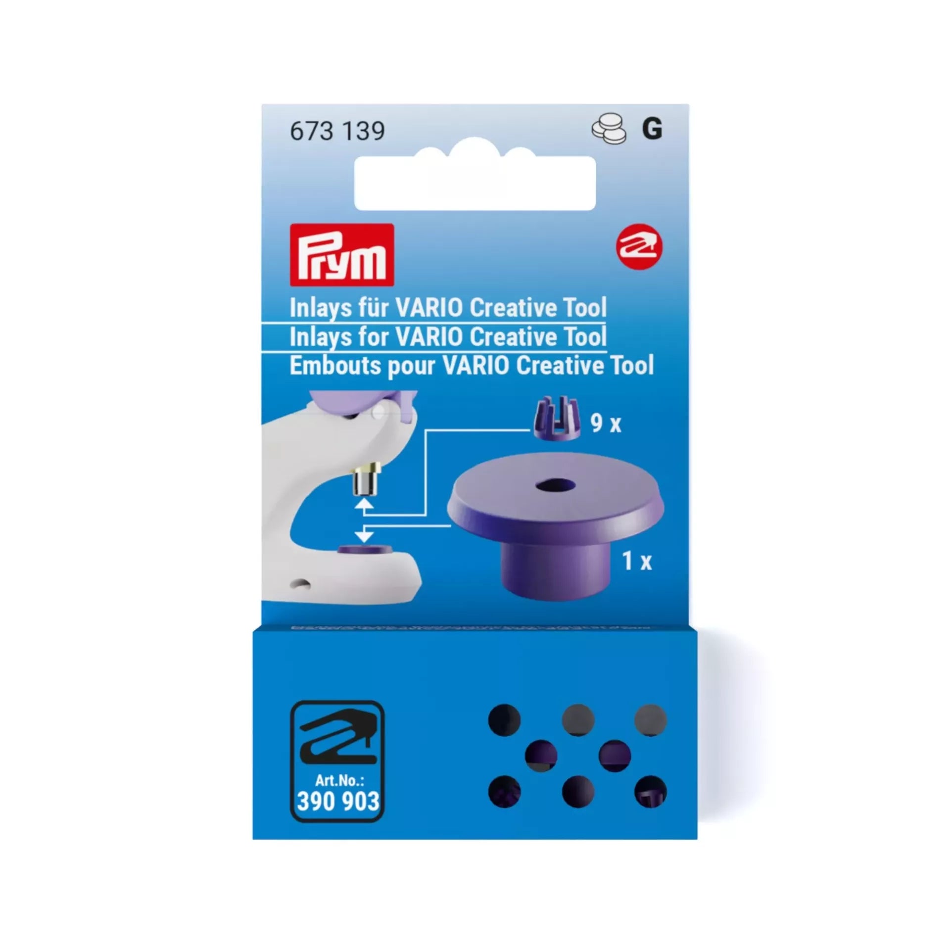 Prym Inlays for VARIO Creative Tool packaging containing 9 tool holders and 1 height compensation.