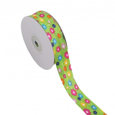 Stephanoise 25mm lime green folded bias tape with a colorful floral pattern on a white spool.