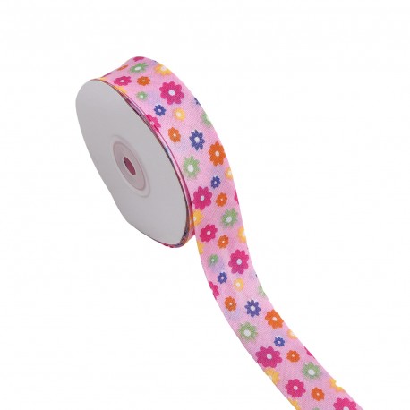 Stephanoise 25mm pink folded bias tape with a colorful floral pattern on a white spool.