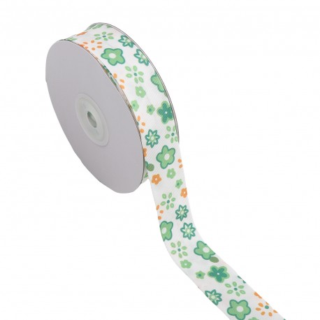 Stephanoise 25mm folded floral bias tape with green and orange flower pattern on a white background.