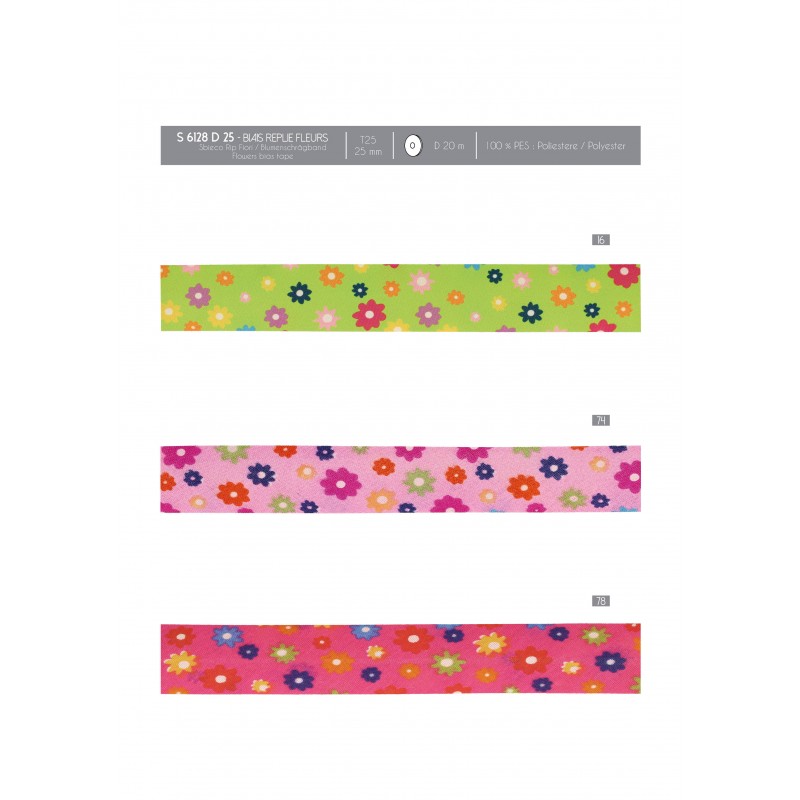 Three strips of 25mm folded floral bias tape in green, pink, and dark pink with flower patterns.