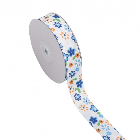 Stephanoise 25mm folded bias tape with a blue and orange floral pattern on a white background.