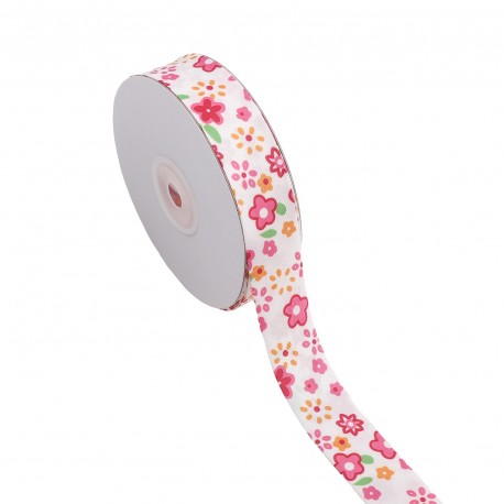 Stephanoise 25mm folded bias tape with a pink and orange floral pattern on a white background.