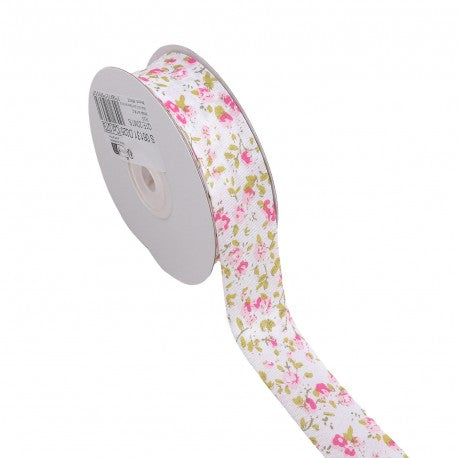 Stephanoise 25mm folded floral bias tape with a pink and green rose pattern on a white background.