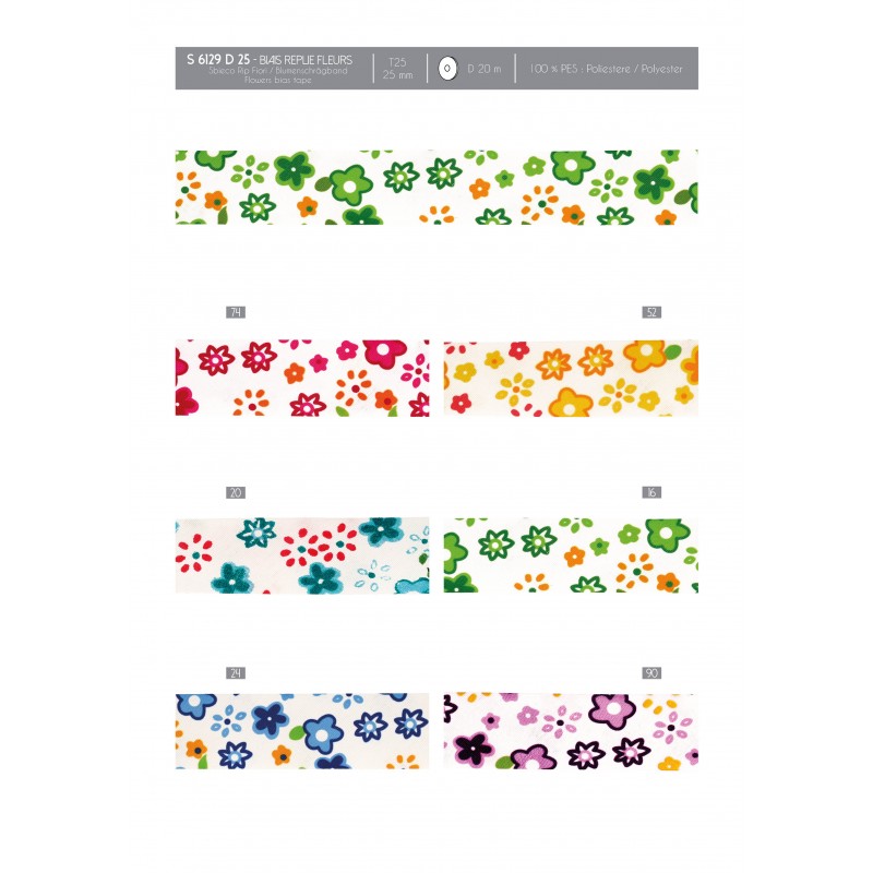 Stephanoise 25mm folded floral bias tape in various color patterns including green, red, and blue.
