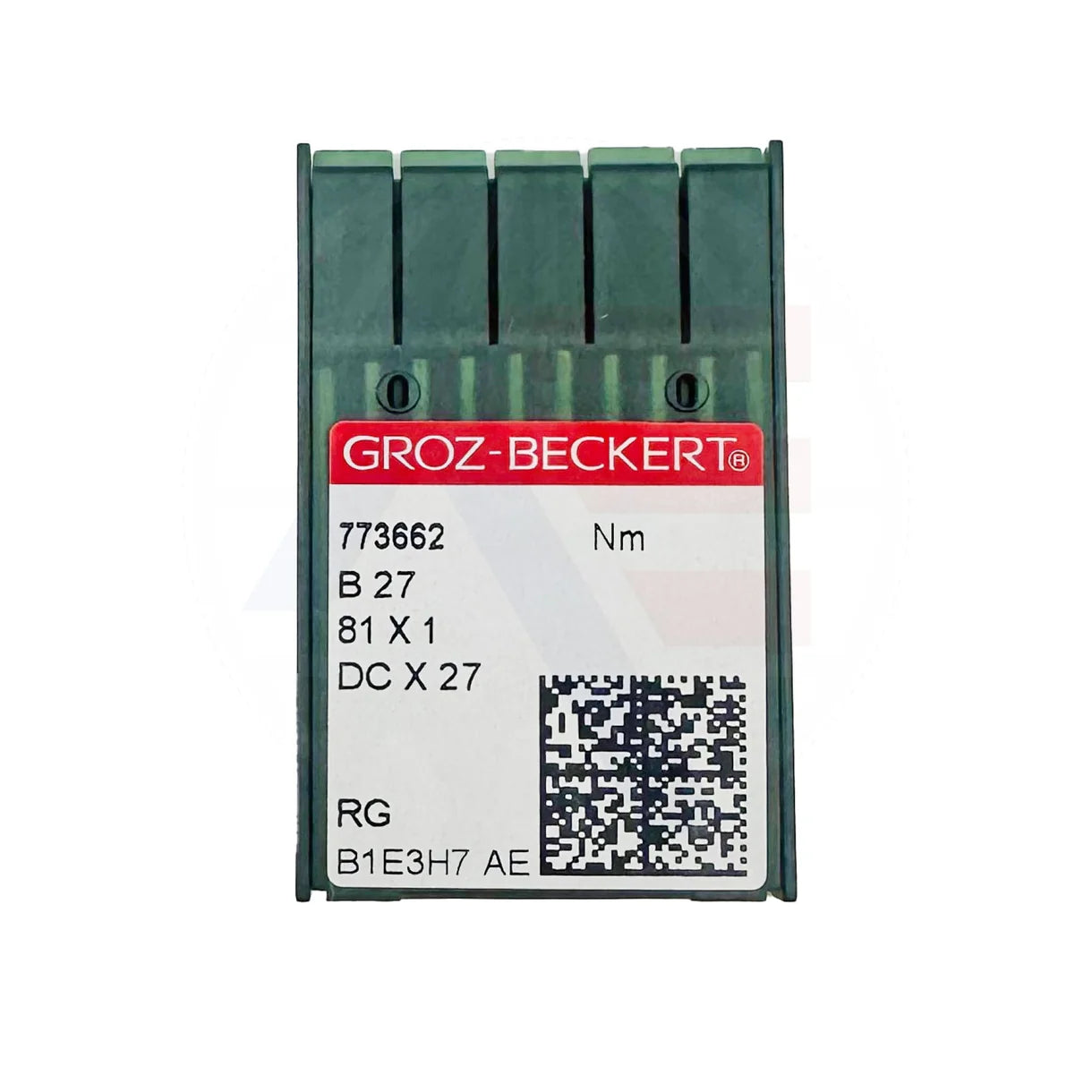 Groz-Beckert B27 regular point overlocker needles in a green plastic case with a white label.