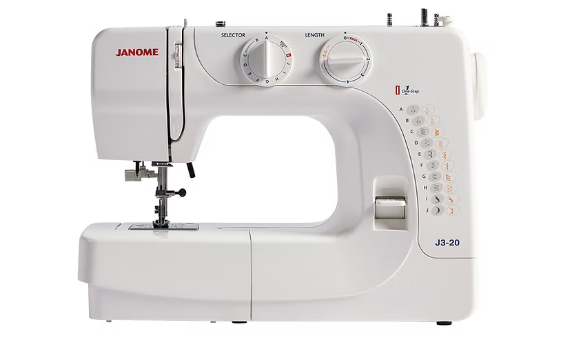 White Janome J3-20 sewing machine with stitch selection and length dials.