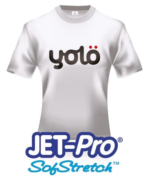 White t-shirt with "yolo" logo and Jet-Pro SofStretch branding.