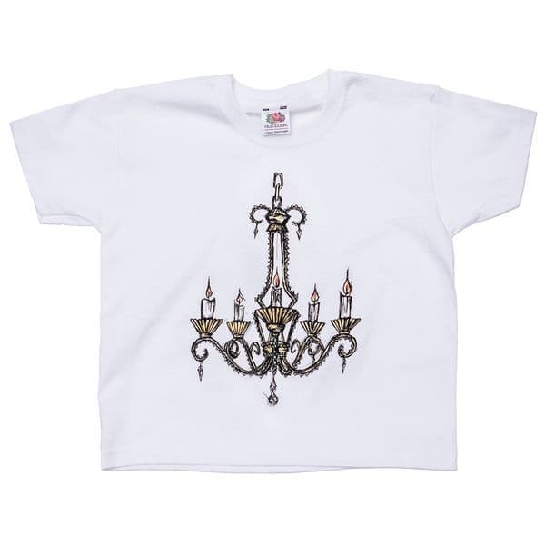 White t-shirt with a black and gold chandelier graphic.