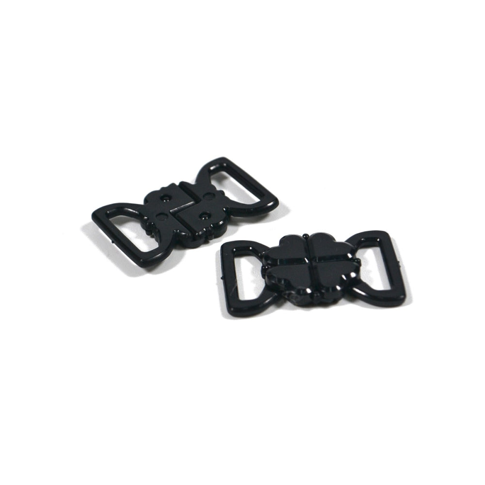 Two black nylon bra clasps with heart detail.