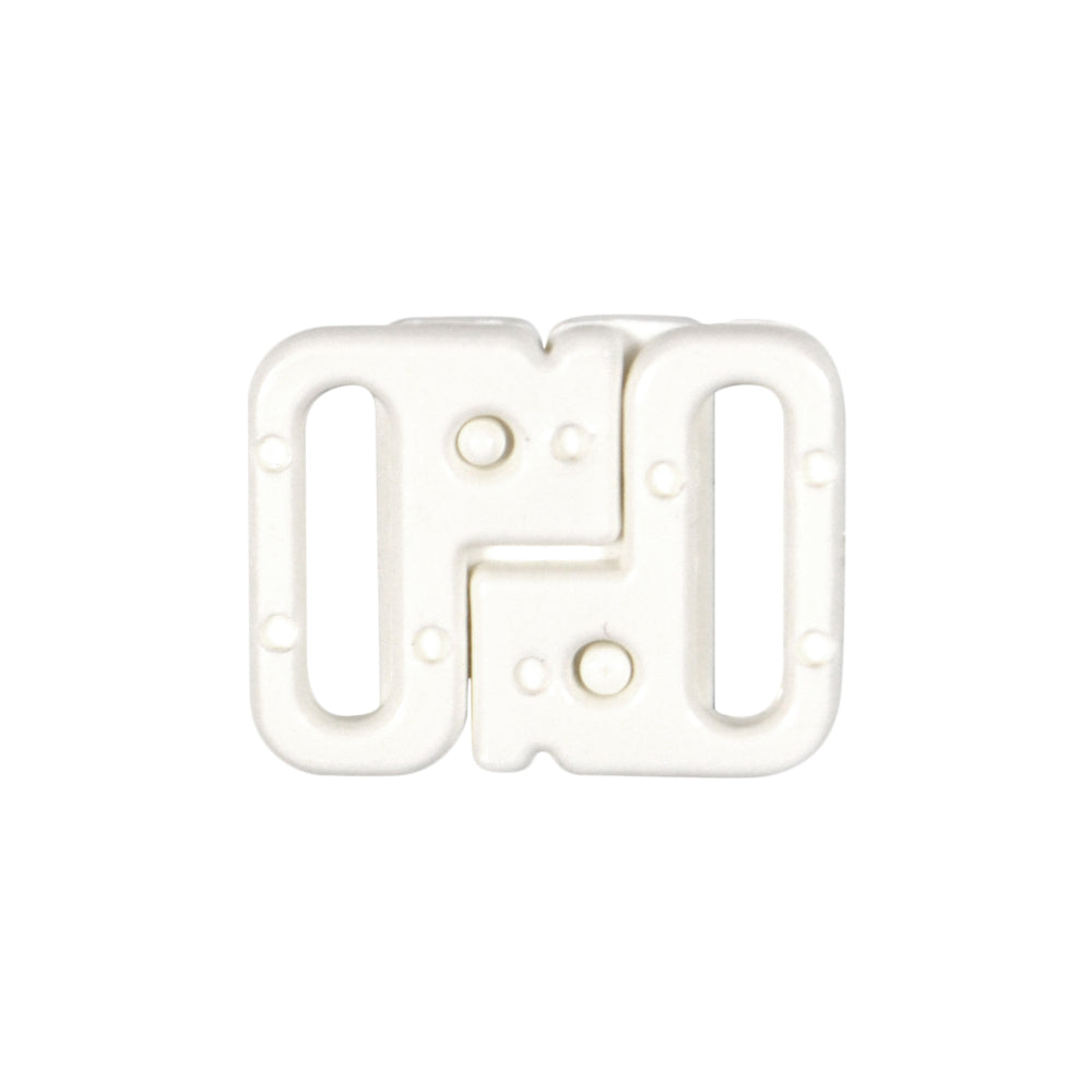 White nylon bra clasp with two interlocking pieces.