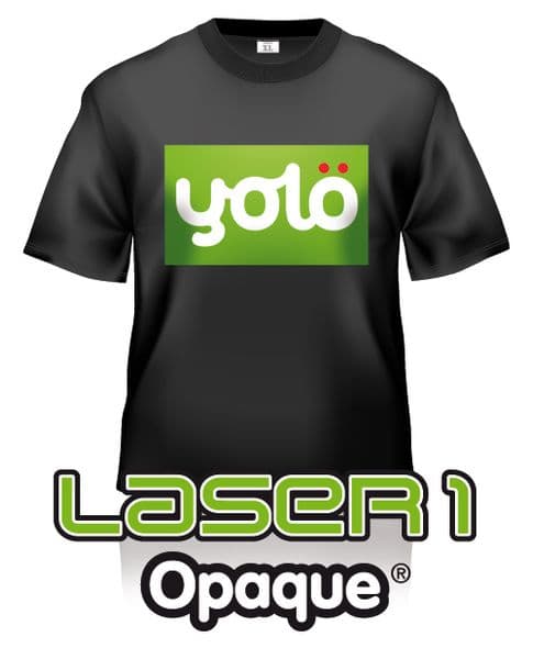 Black t-shirt with YOLO logo and Laser 1 Opaque text.