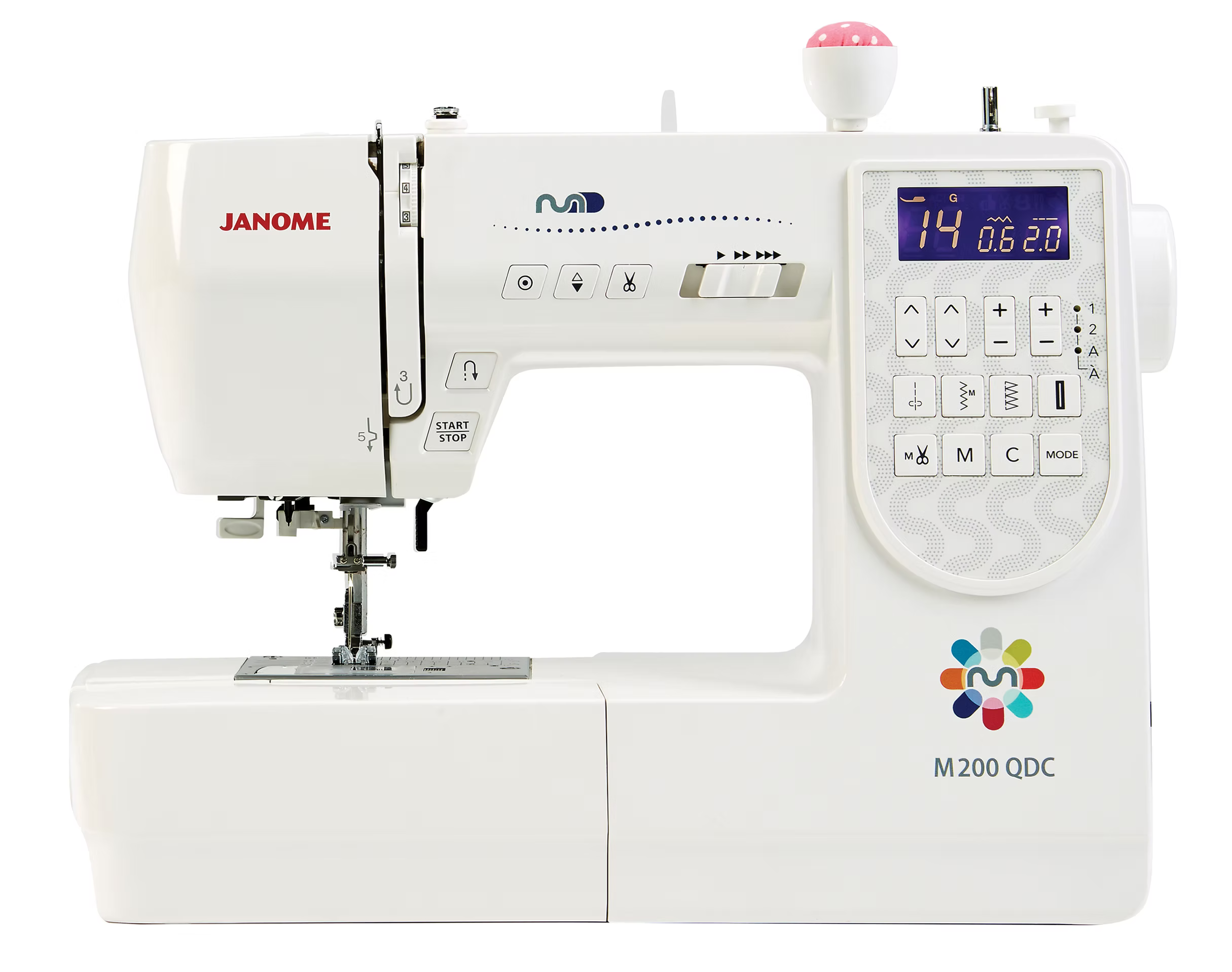 Janome M200QDC computerized sewing machine with digital display and controls.