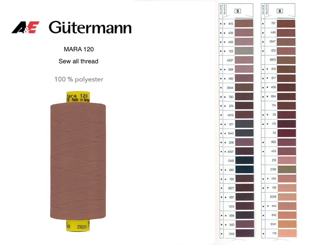 A spool of brown Gütermann Mara 120 polyester thread shown next to a numbered color shade card.