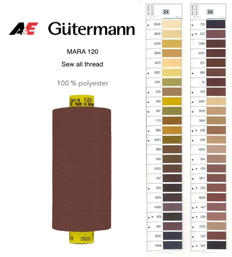 Gutermann Industrial Mara 120 Thread – Article no. 700207 - 1000m Spool - Shade Card 25-26