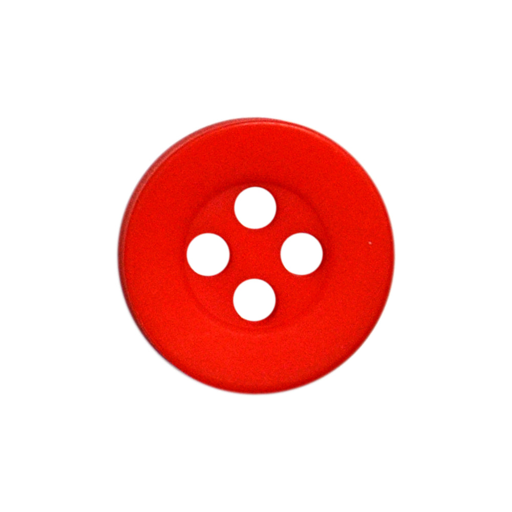 Round red polyester 4-hole button for casual shirts.