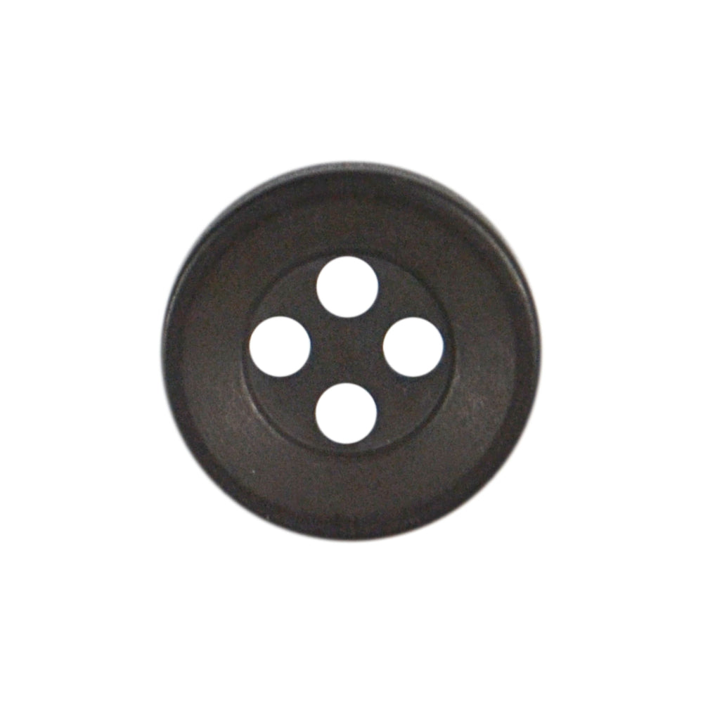 Round dark brown polyester 4-hole button with a matte finish for casual shirts.