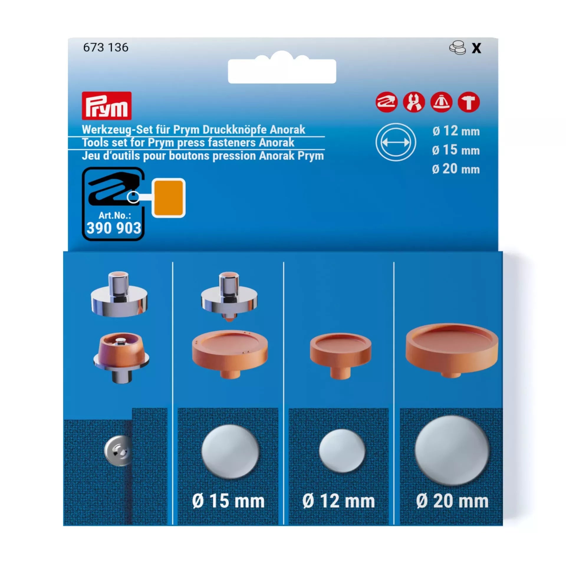 Prym tool set for Anorak press fasteners in 12, 15, and 20 mm sizes with orange color coding.