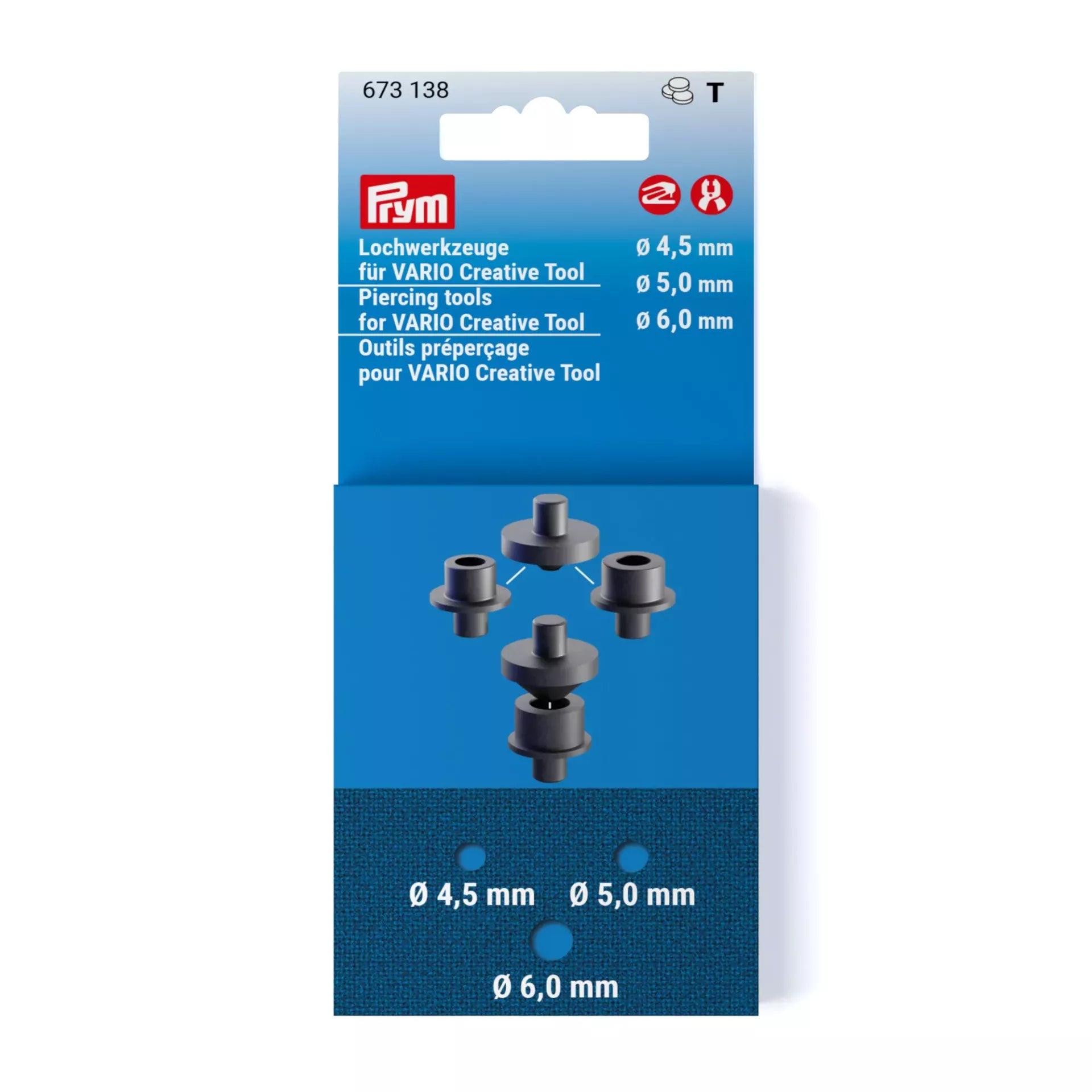 Prym Piercing tools for VARIO Creative Tool, 4.5, 5.0, and 6.0 mm set in blue packaging.