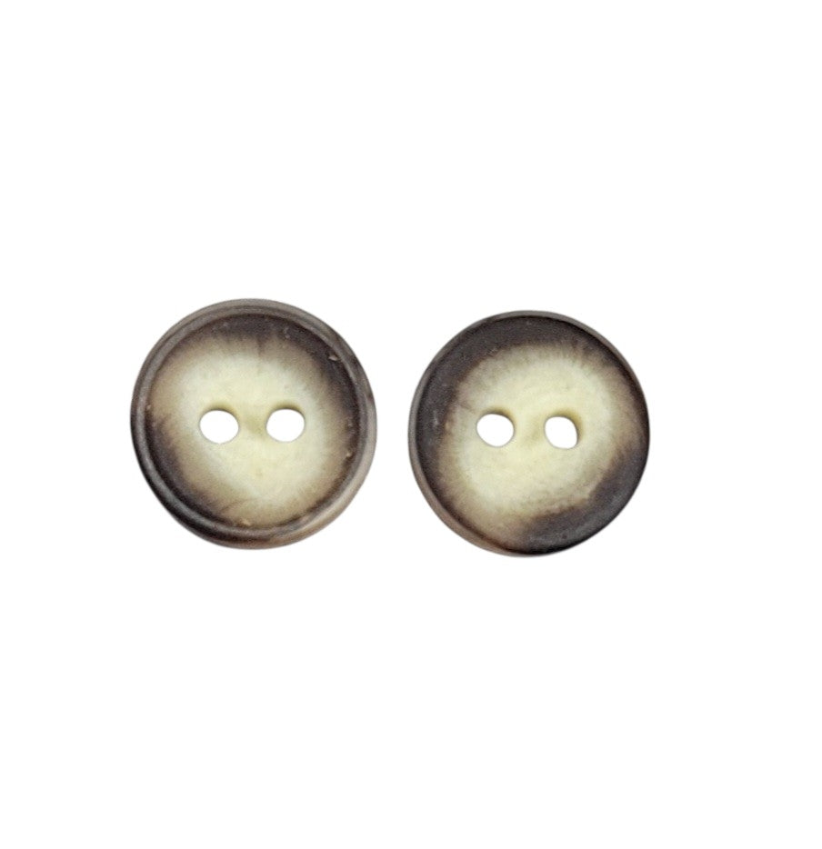 Two 12mm matte brown and cream buttons with a two-hole design.