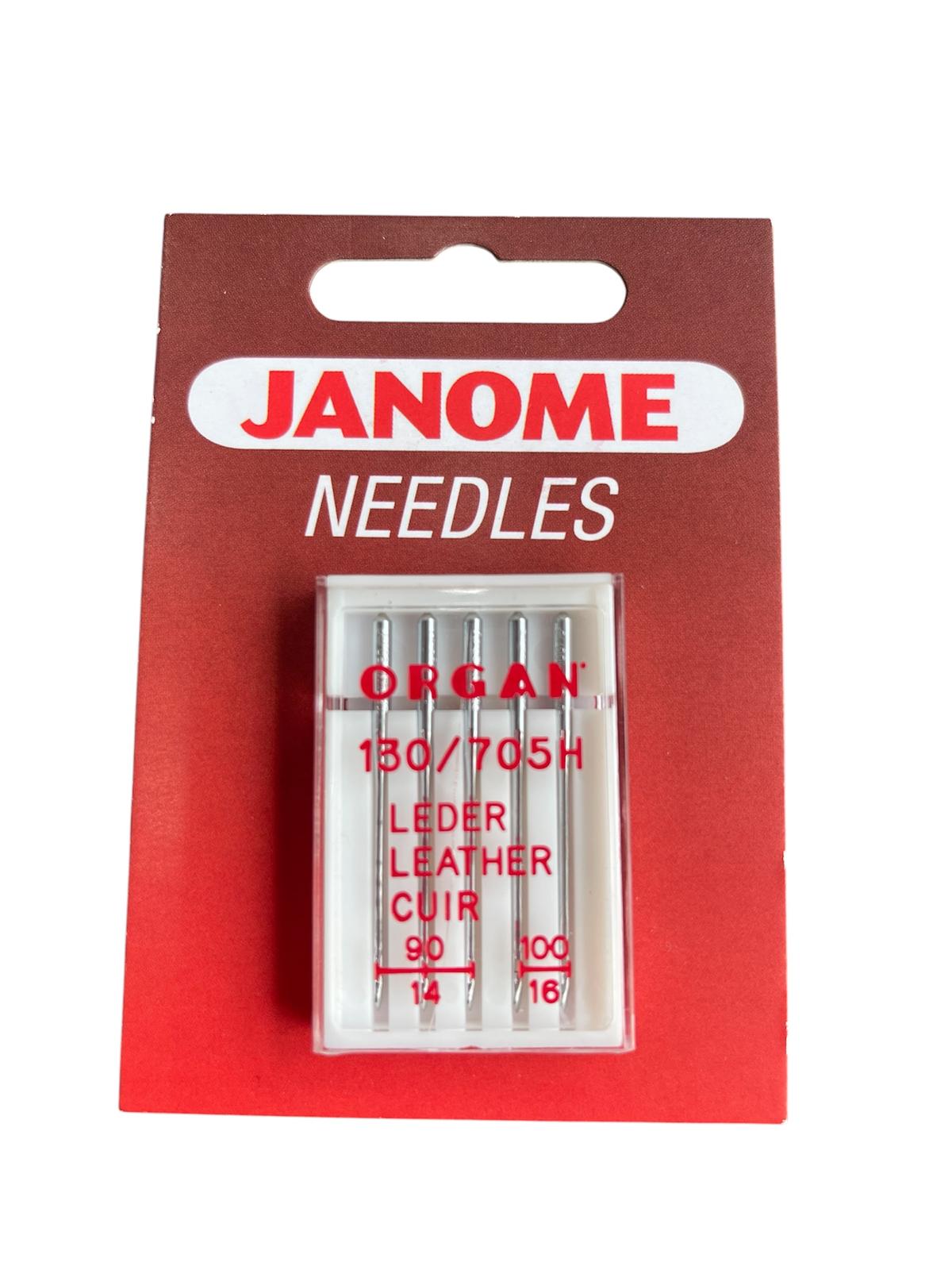 Janome leather sewing needles in a five-pack with sizes 90/14 and 100/16.