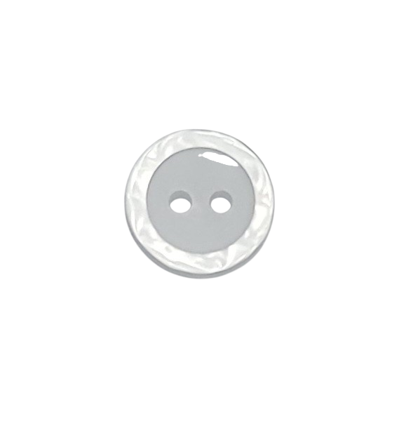 A round, white two-hole polyester shirt button with a decorative pearl ring edge.