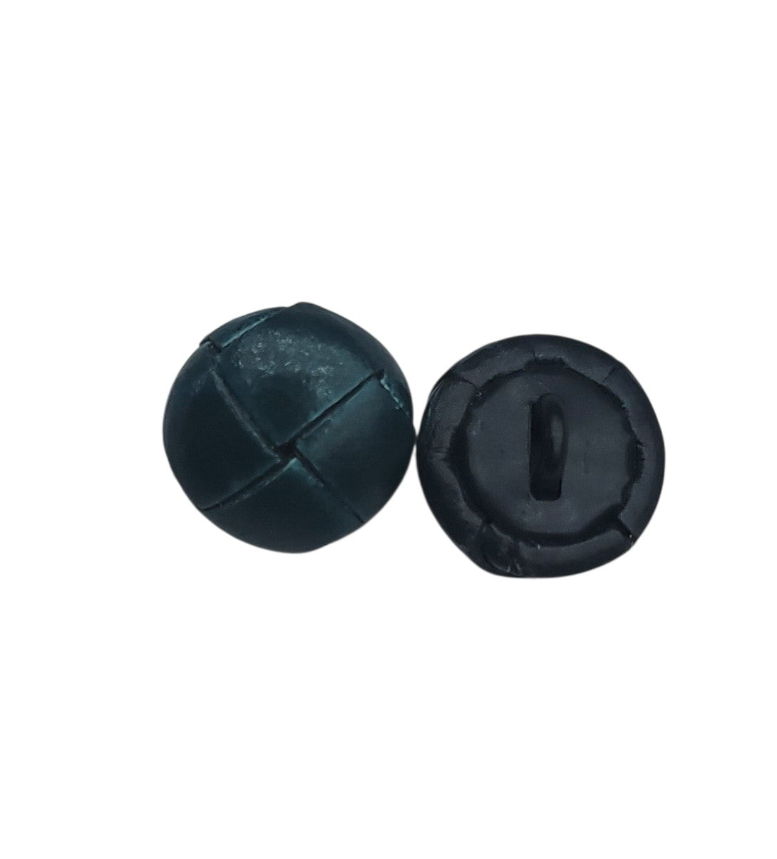 Front and back view of a 15mm teal leather-look shank button with a woven texture.