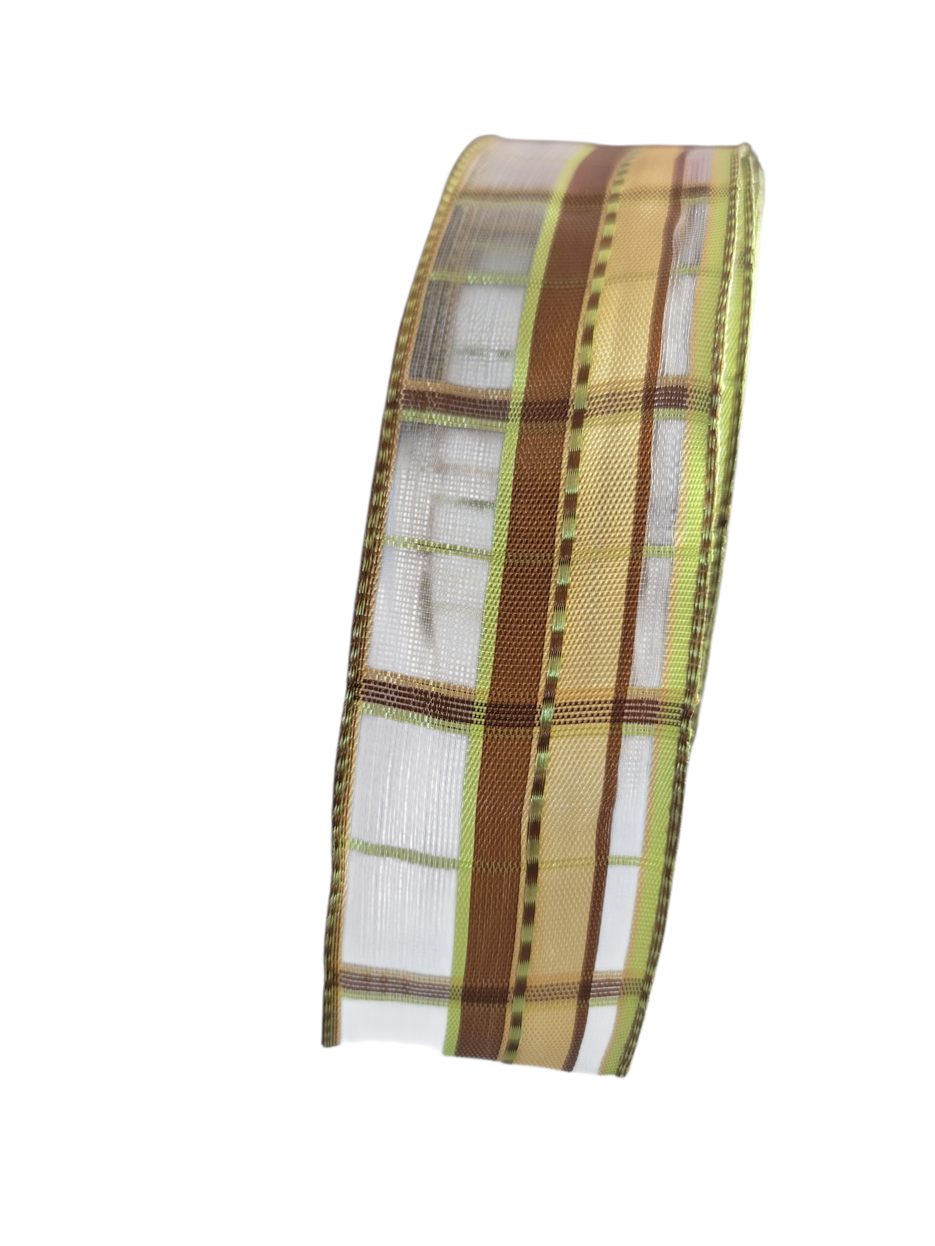 Korsika plaid chiffon ribbon in brown, beige, and green, 40mm wide on a 25m roll.
