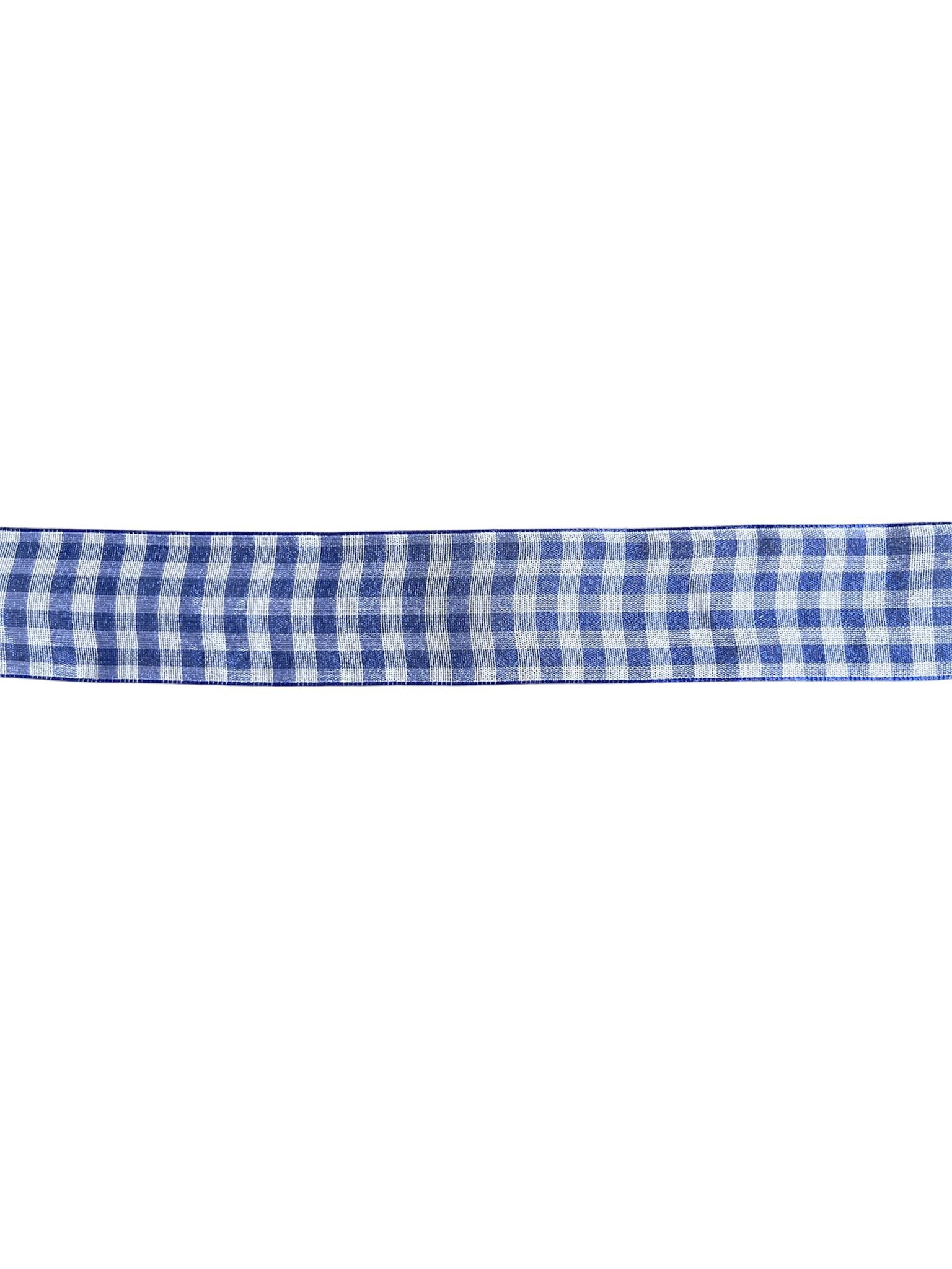 A roll of 25mm wide super sheer nylon ribbon with a blue and white checkered pattern.