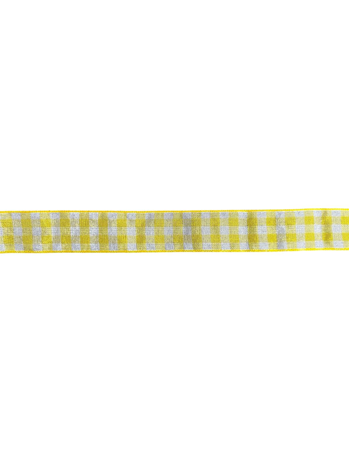 Super sheer yellow and white checkered nylon ribbon, 15mm wide.