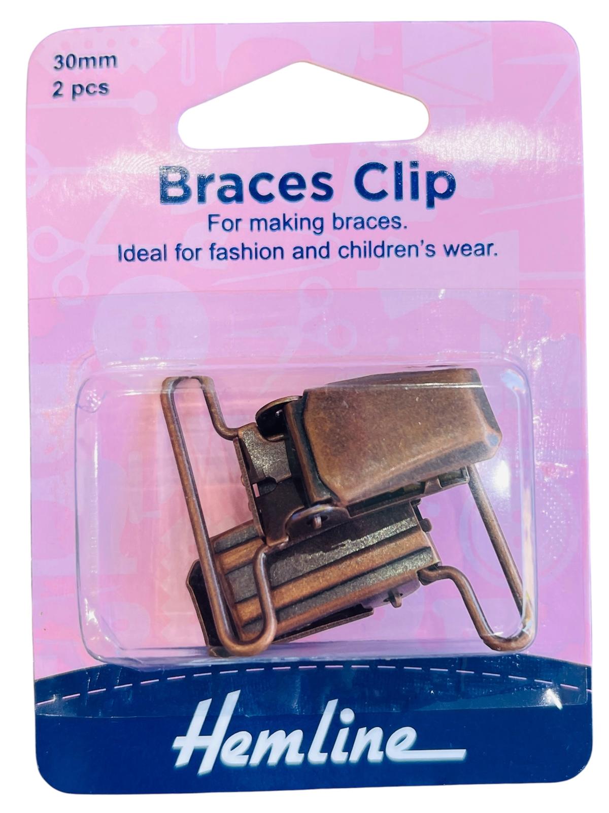 A pack of two 30mm Hemline metal braces clips in an antique bronze finish.