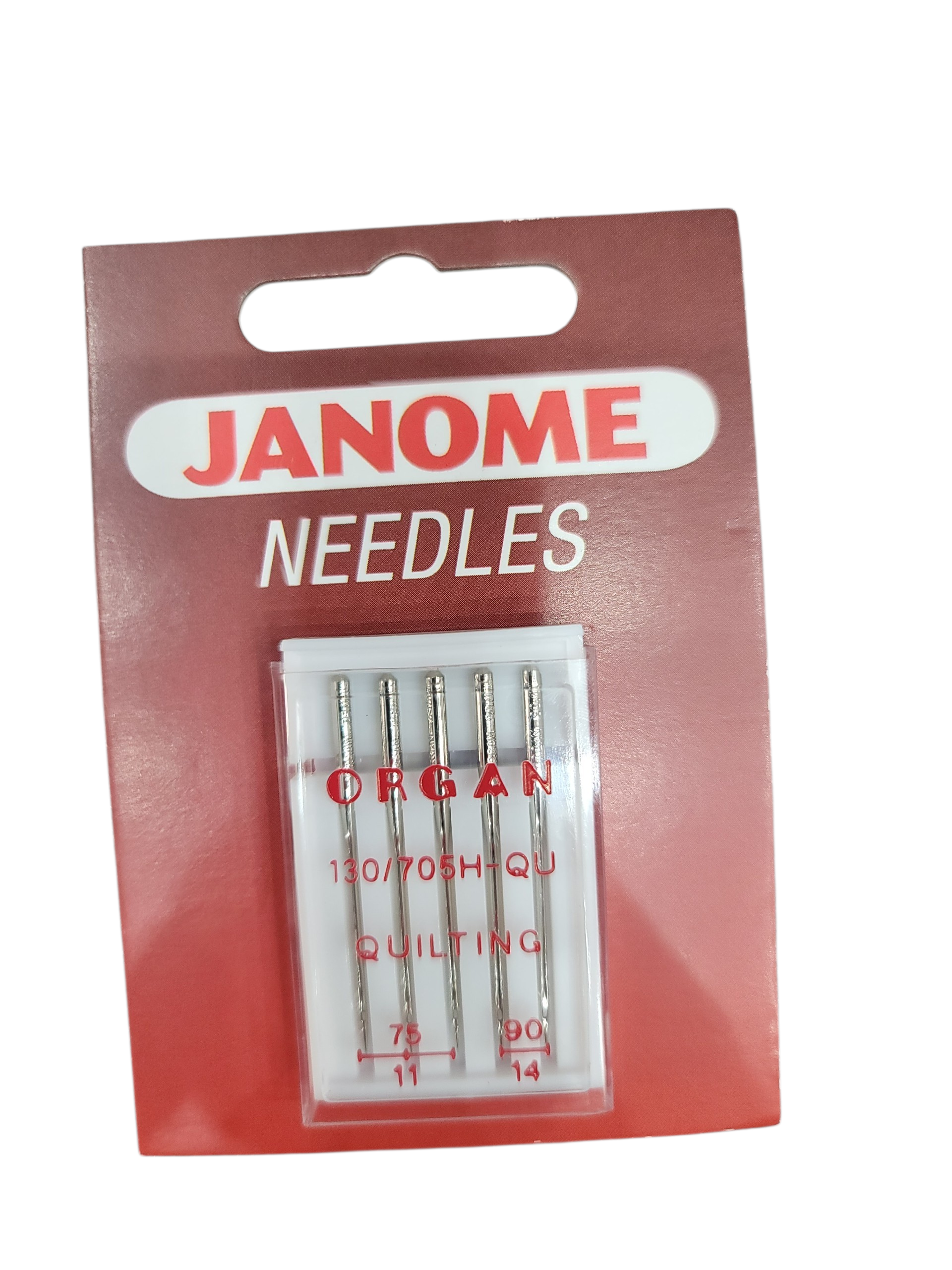 Janome quilting needles in a five-pack with sizes 75/11 and 90/14.
