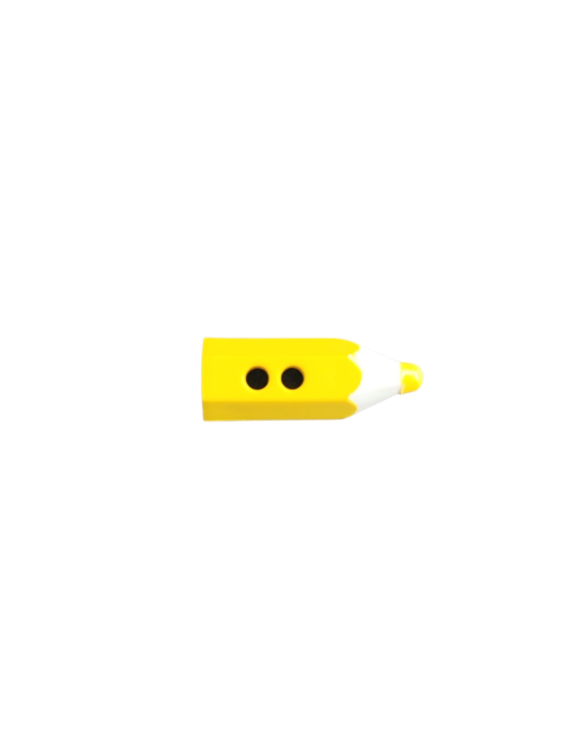 Yellow and white pencil-shaped novelty button with two holes, 20mm.
