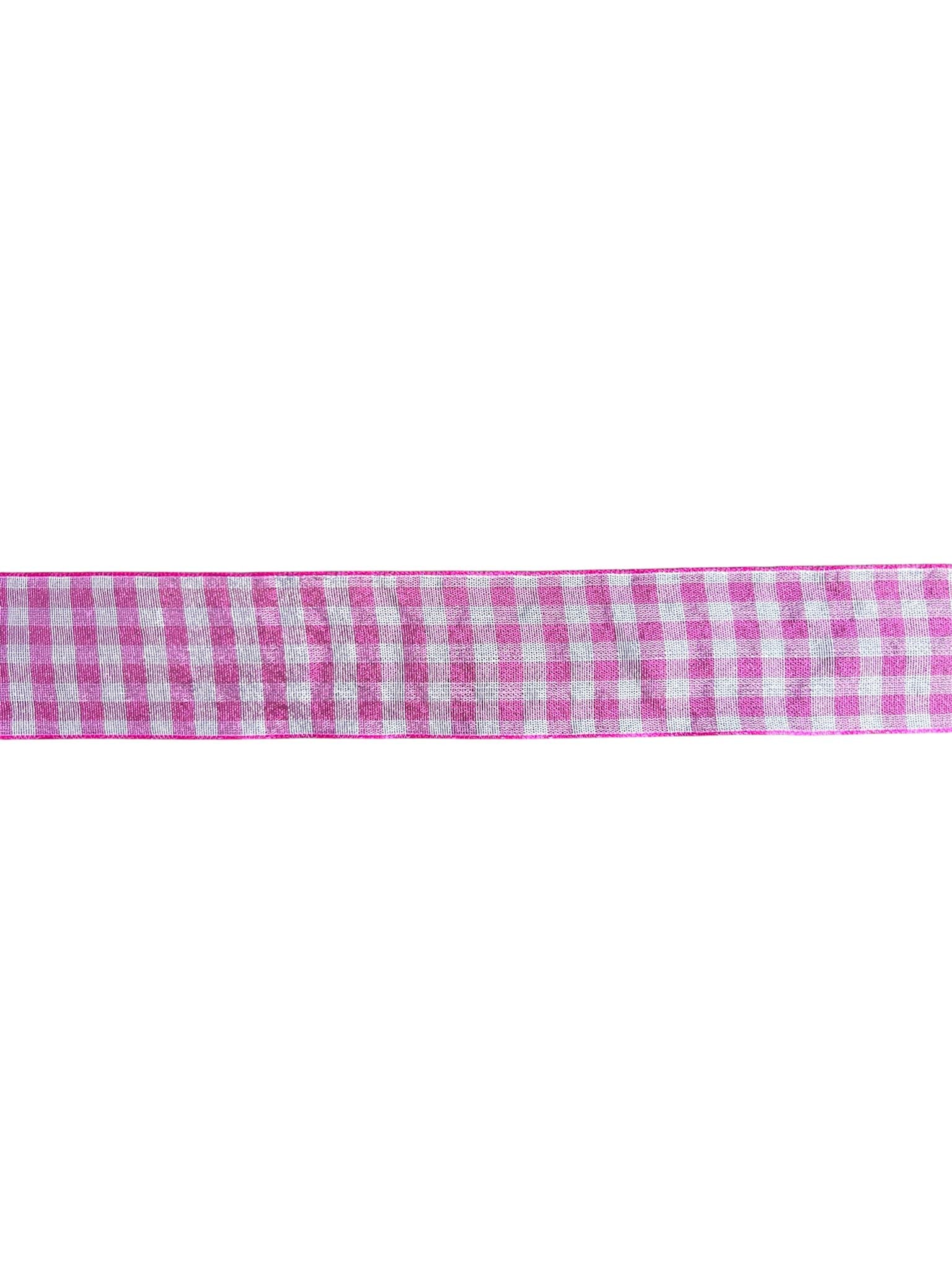 Super sheer pink and white checkered nylon ribbon on a plain white background.