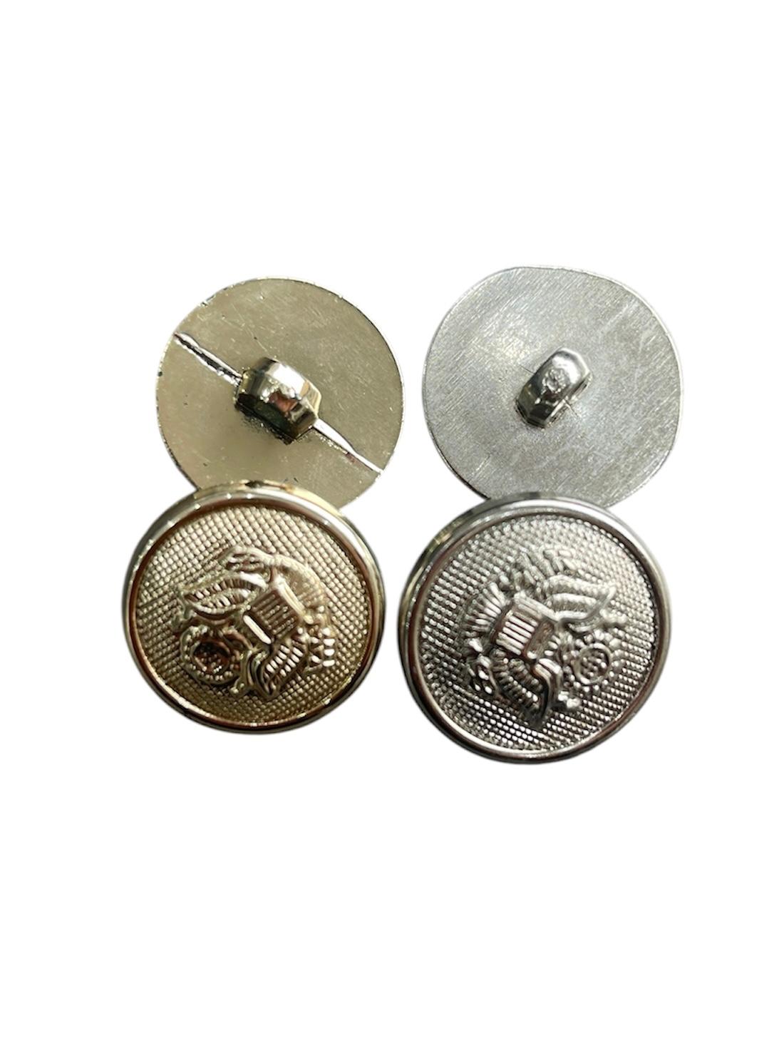 Front and back views of a 22mm silver and gold military-style shank button with an eagle crest.
