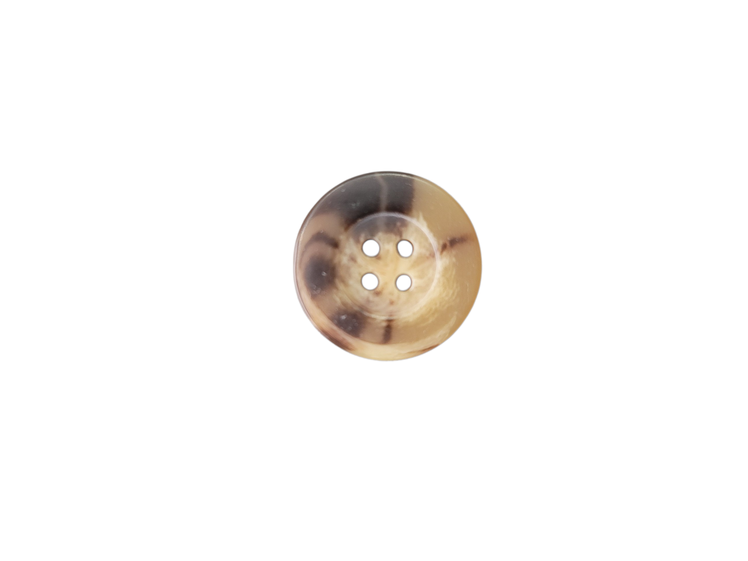 Mottled brown and cream round 4-hole sewing button on a white background.